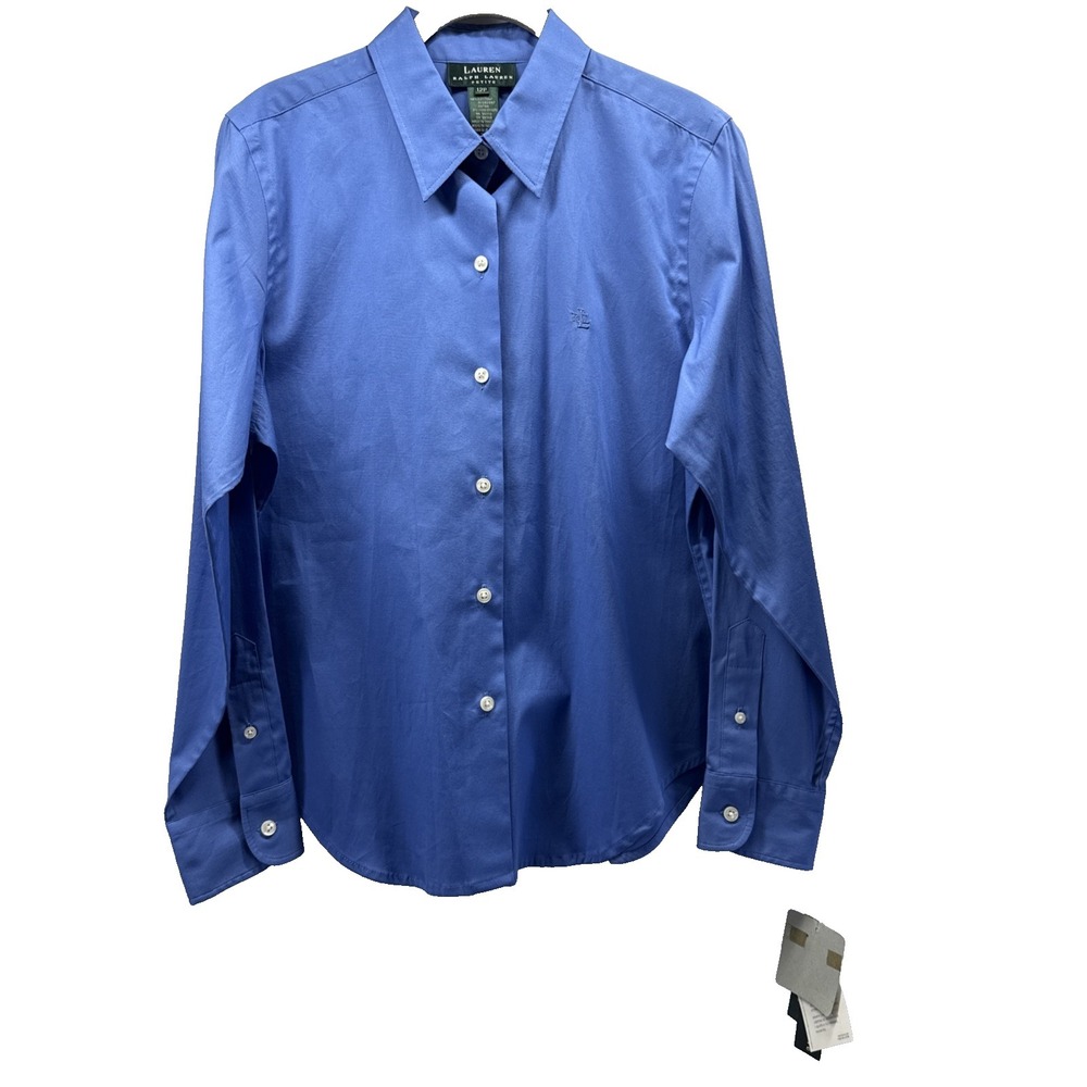 Lauren Ralph Lauren Women's Top Blouse Size 12P Petite Solid Blue NWT Button Up